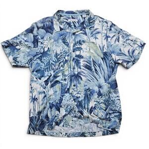 TOMMY BAHAMA Silk Camp Shirt Mens L Tropical Hawaiian Blue Floral Jungle Aloha